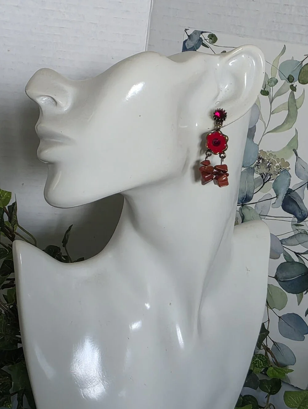 Boho Red Statement Necklace & Earring Set – Antique Brass Tone & Crystal